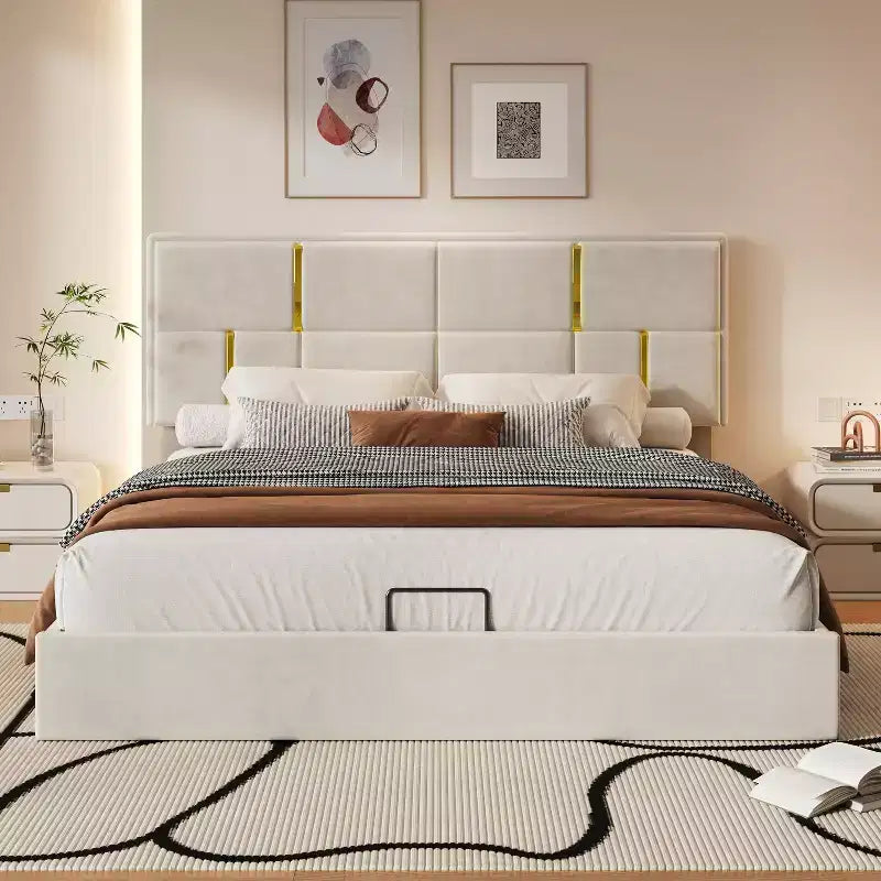 Letto a piattaforma imbottito in pelle PU Queen Size con sistema di sollevamento idraulico, struttura letto in legno con contenitore sollevabile e testiera