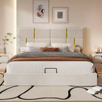 Letto a piattaforma imbottito in pelle PU Queen Size con sistema di sollevamento idraulico, struttura letto in legno con contenitore sollevabile e testiera