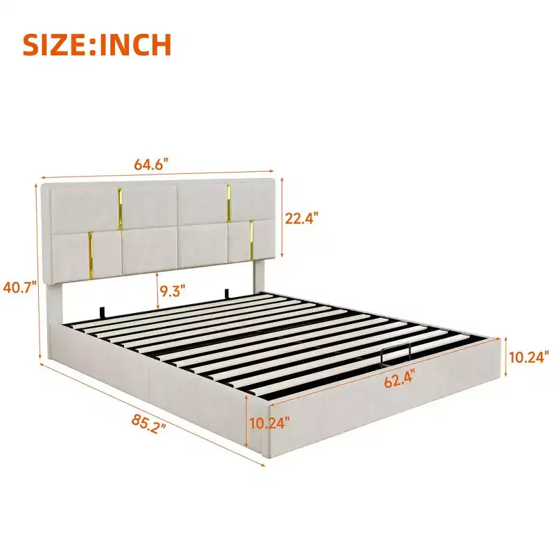 Letto a piattaforma imbottito in pelle PU Queen Size con sistema di sollevamento idraulico, struttura letto in legno con contenitore sollevabile e testiera