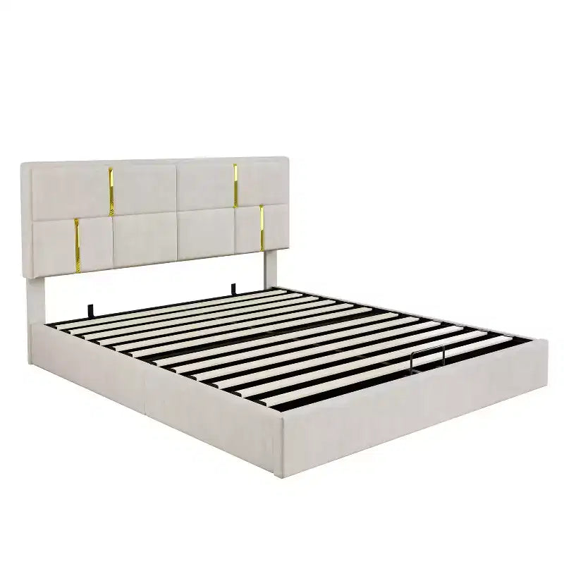 Letto a piattaforma imbottito in pelle PU Queen Size con sistema di sollevamento idraulico, struttura letto in legno con contenitore sollevabile e testiera