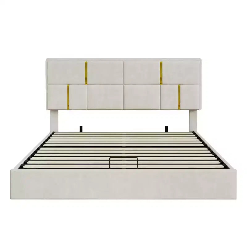 Letto a piattaforma imbottito in pelle PU Queen Size con sistema di sollevamento idraulico, struttura letto in legno con contenitore sollevabile e testiera
