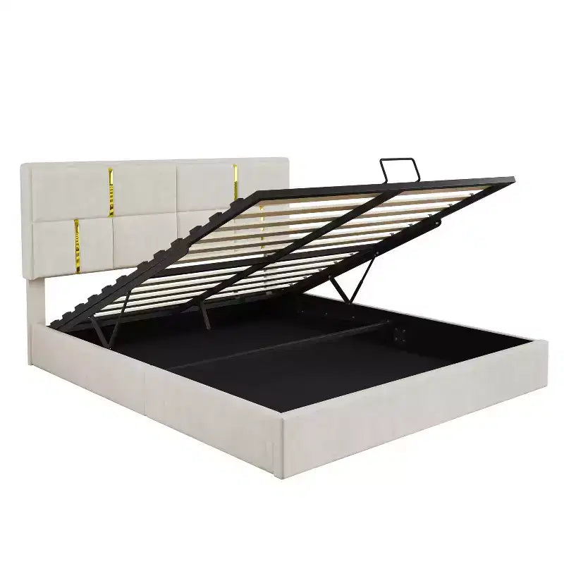 Letto a piattaforma imbottito in pelle PU Queen Size con sistema di sollevamento idraulico, struttura letto in legno con contenitore sollevabile e testiera