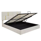 Letto a piattaforma imbottito in pelle PU Queen Size con sistema di sollevamento idraulico, struttura letto in legno con contenitore sollevabile e testiera