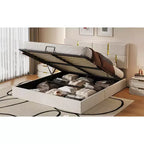Letto a piattaforma imbottito in pelle PU Queen Size con sistema di sollevamento idraulico, struttura letto in legno con contenitore sollevabile e testiera