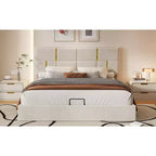 Letto a piattaforma imbottito in pelle PU Queen Size con sistema di sollevamento idraulico, struttura letto in legno con contenitore sollevabile e testiera