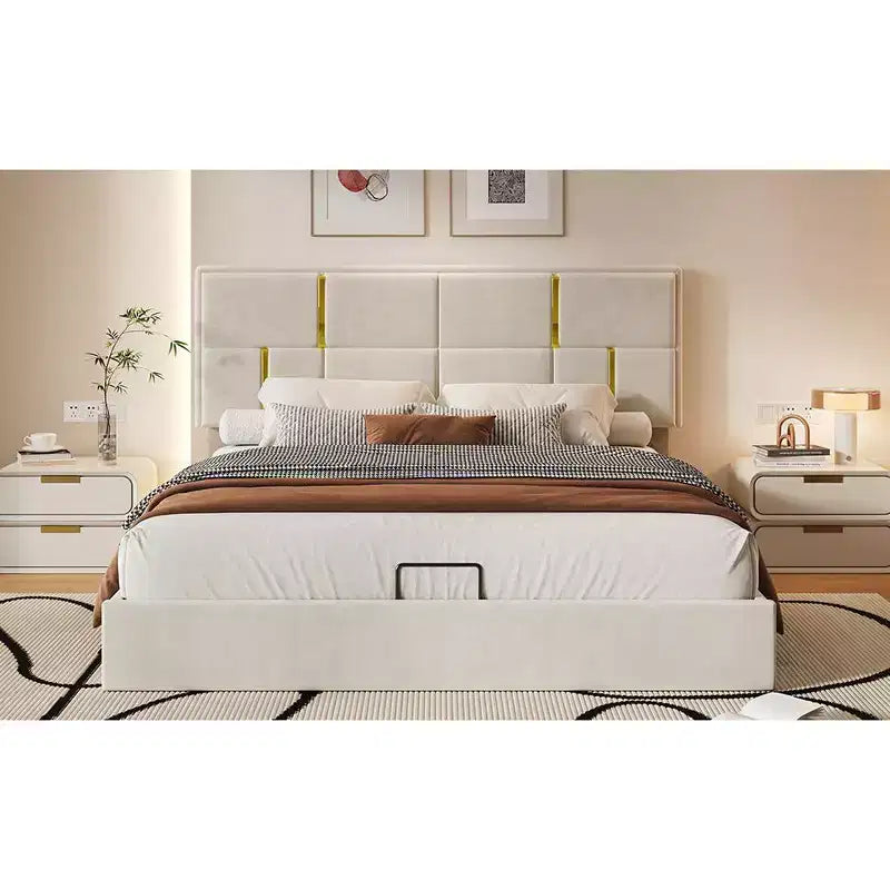 Letto a piattaforma imbottito in pelle PU Queen Size con sistema di sollevamento idraulico, struttura letto in legno con contenitore sollevabile e testiera