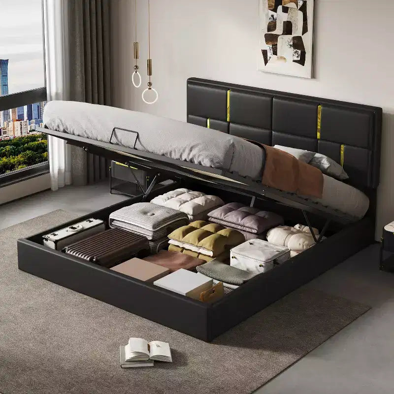 Letto a piattaforma imbottito in pelle PU Queen Size con sistema di sollevamento idraulico, struttura letto in legno con contenitore sollevabile e testiera
