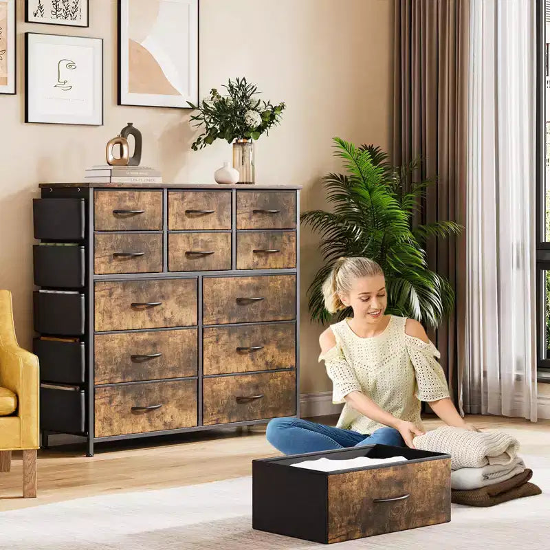 Cassettiera per Camera da Letto con 12 Cassetti, Comò e Cassettiere per Corridoio, Ingresso, Unità Organizer per la Conservazione con Tessuto, Robusto Telaio in Metallo