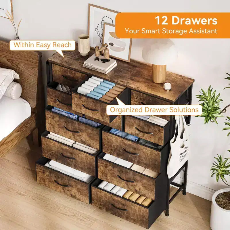 Cassettiera per Camera da Letto con 12 Cassetti, Comò e Cassettiere per Corridoio, Ingresso, Unità Organizer per la Conservazione con Tessuto, Robusto Telaio in Metallo