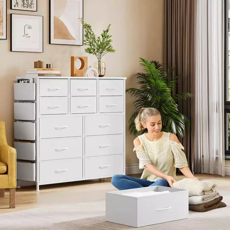 Cassettiera per Camera da Letto con 12 Cassetti, Comò e Cassettiere per Corridoio, Ingresso, Unità Organizer per la Conservazione con Tessuto, Robusto Telaio in Metallo