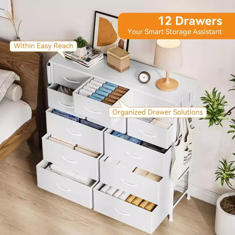 Cassettiera per Camera da Letto con 12 Cassetti, Comò e Cassettiere per Corridoio, Ingresso, Unità Organizer per la Conservazione con Tessuto, Robusto Telaio in Metallo