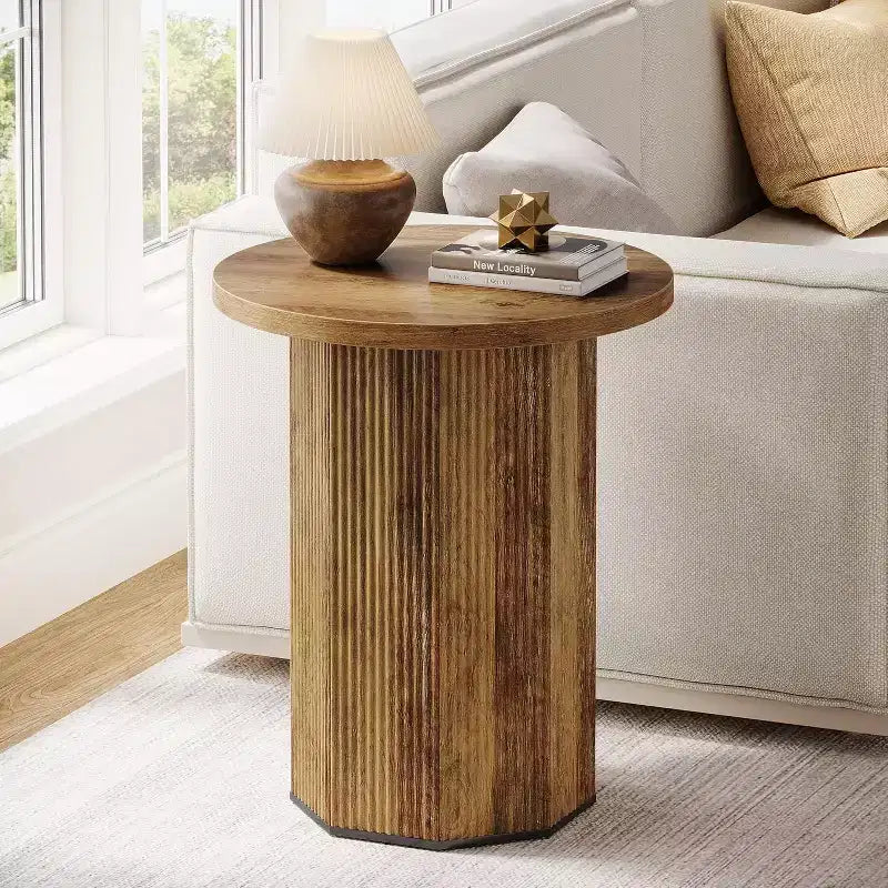 Tavolino Rotondo, Tavolino da Divano con Piedistallo Stile Fattoria, Comodino in Legno Scanalato, Tavolino da Salotto e Camera da Letto (1)