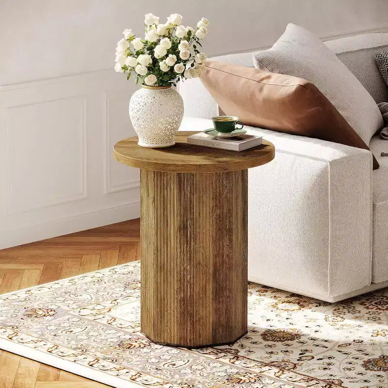 Tavolino Rotondo, Tavolino da Divano con Piedistallo Stile Fattoria, Comodino in Legno Scanalato, Tavolino da Salotto e Camera da Letto (1)