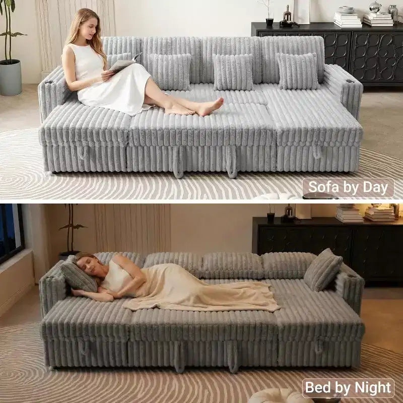 Divano letto a L da 315 cm con contenitore, divano convertibile di grandi dimensioni con letto estraibile, schienale regolabile, porte USB e portabicchieri, grigio