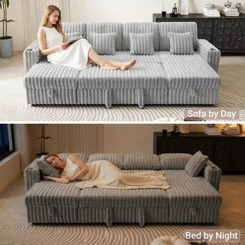 Divano letto a L da 315 cm con contenitore, divano convertibile di grandi dimensioni con letto estraibile, schienale regolabile, porte USB e portabicchieri, grigio