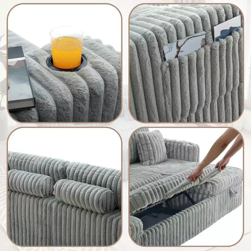 Divano letto a L da 315 cm con contenitore, divano convertibile di grandi dimensioni con letto estraibile, schienale regolabile, porte USB e portabicchieri, grigio