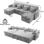 Divano letto a L da 315 cm con contenitore, divano convertibile di grandi dimensioni con letto estraibile, schienale regolabile, porte USB e portabicchieri, grigio