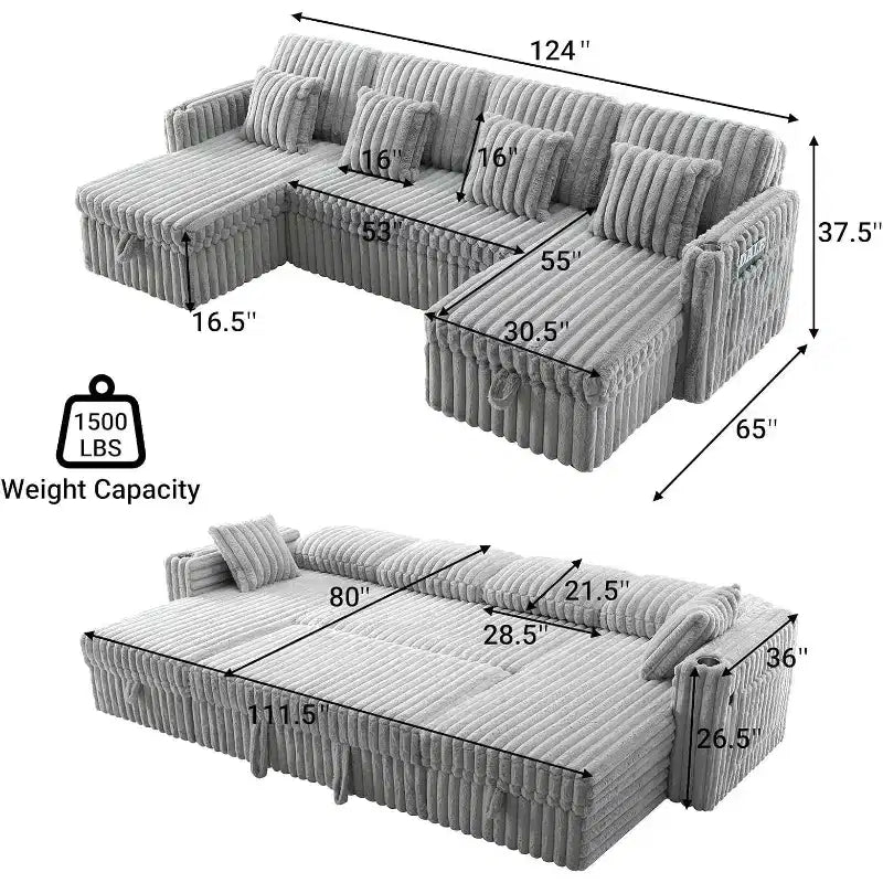 Divano letto a L da 315 cm con contenitore, divano convertibile di grandi dimensioni con letto estraibile, schienale regolabile, porte USB e portabicchieri, grigio