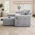Divano letto a L da 315 cm con contenitore, divano convertibile di grandi dimensioni con letto estraibile, schienale regolabile, porte USB e portabicchieri, grigio