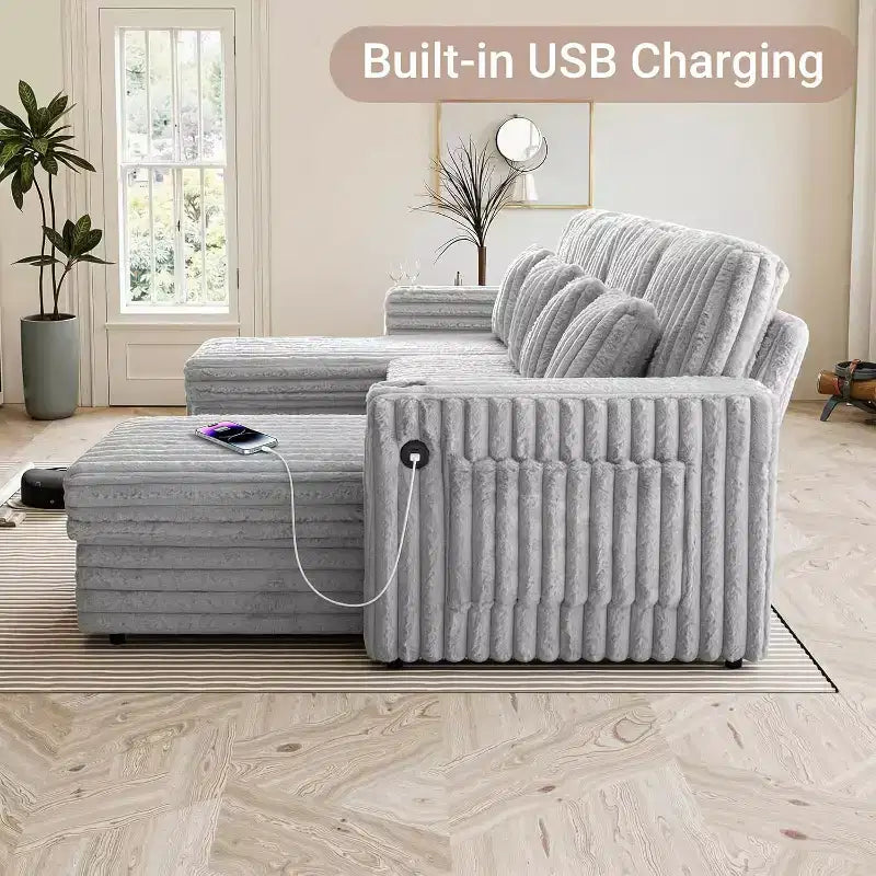Divano letto a L da 315 cm con contenitore, divano convertibile di grandi dimensioni con letto estraibile, schienale regolabile, porte USB e portabicchieri, grigio