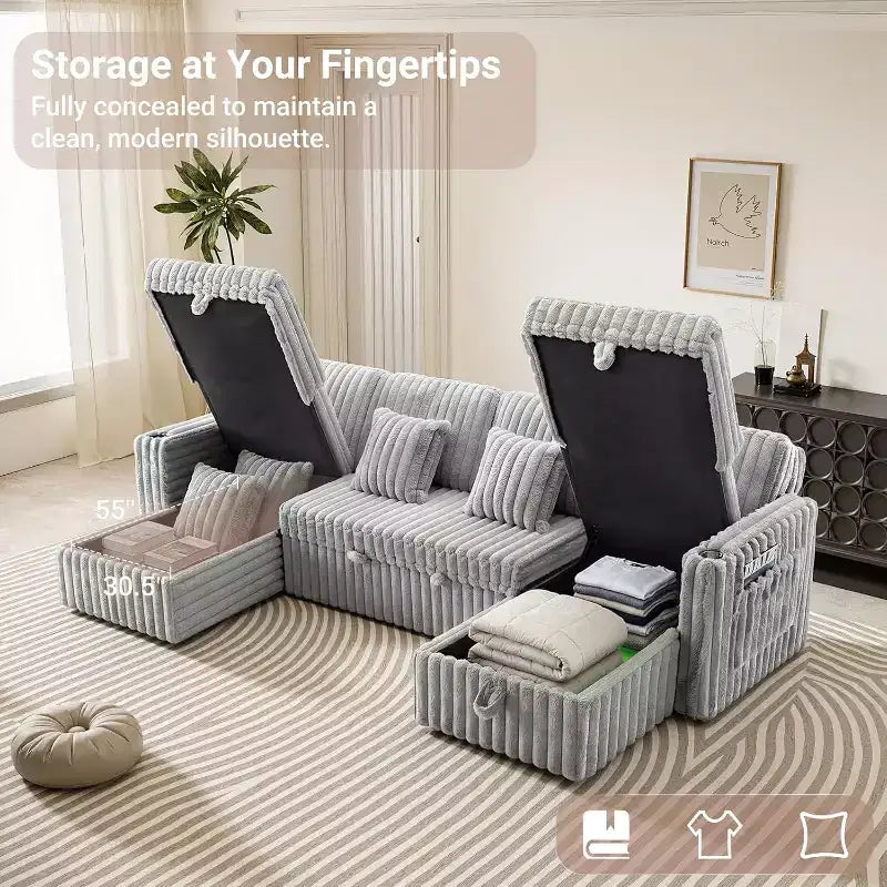 Divano letto a L da 315 cm con contenitore, divano convertibile di grandi dimensioni con letto estraibile, schienale regolabile, porte USB e portabicchieri, grigio