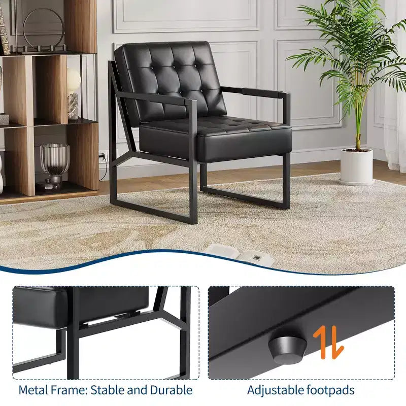 Poltrona di design di metà secolo - Poltroncina in ecopelle con gambe in metallo per soggiorno, camera da letto, ufficio, reception - Nera