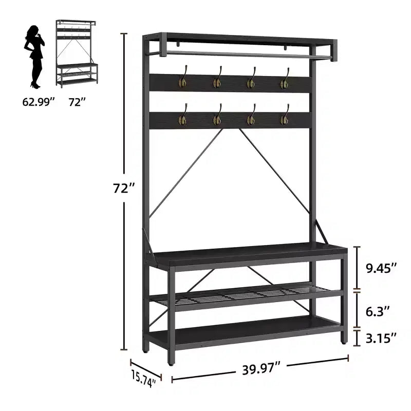Panca appendiabiti da ingresso industriale 40" con scarpiera, appendiabiti con barra appendiabiti, ganci e ripiano portaoggetti per ingresso e ripostiglio