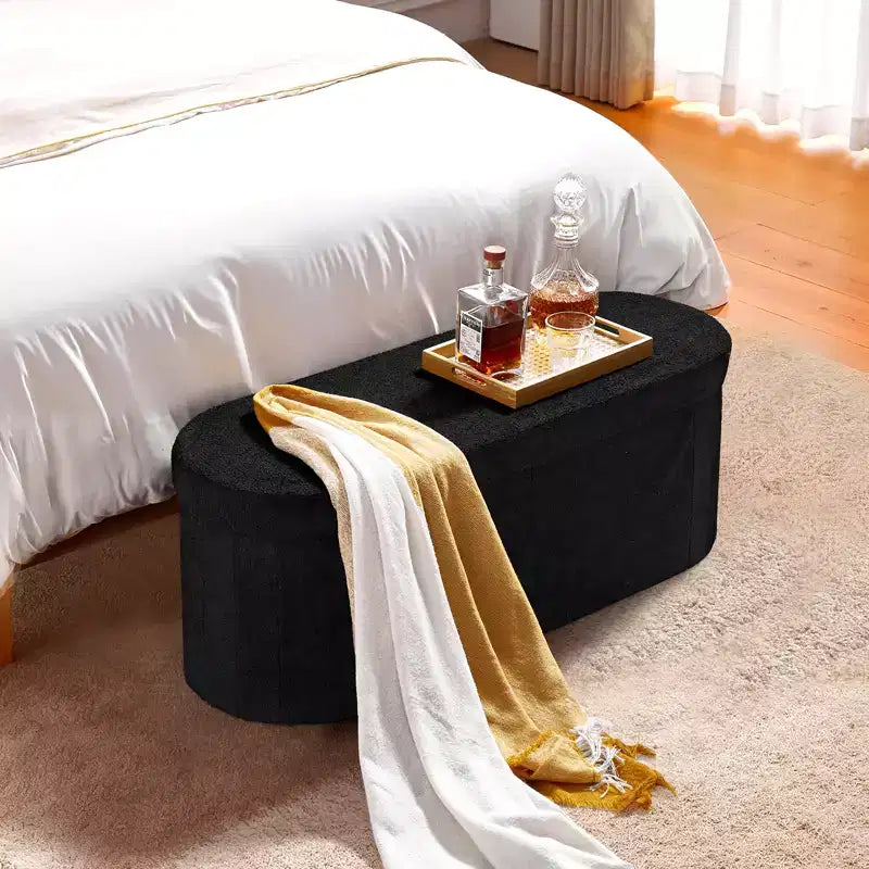 Panca pouf contenitore ovale, panca pieghevole in pile Teddy a fondo letto, pouf contenitore imbottito pieghevole con ampio spazio di archiviazione, 300 kg, nero