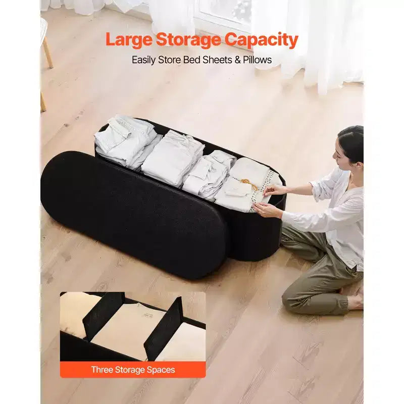Panca pouf contenitore ovale, panca pieghevole in pile Teddy a fondo letto, pouf contenitore imbottito pieghevole con ampio spazio di archiviazione, 300 kg, nero