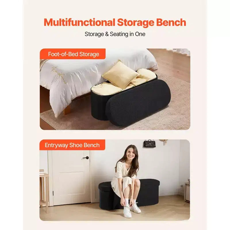 Panca pouf contenitore ovale, panca pieghevole in pile Teddy a fondo letto, pouf contenitore imbottito pieghevole con ampio spazio di archiviazione, 300 kg, nero