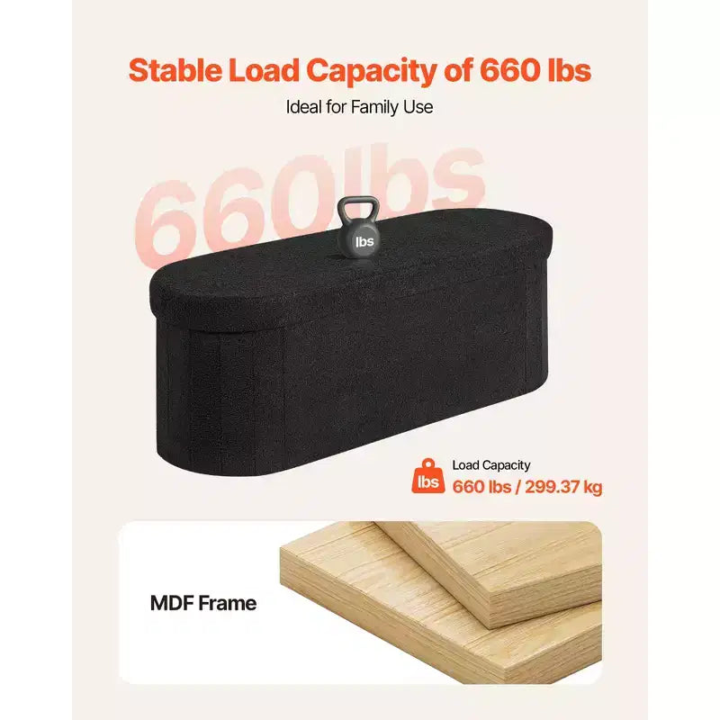 Panca pouf contenitore ovale, panca pieghevole in pile Teddy a fondo letto, pouf contenitore imbottito pieghevole con ampio spazio di archiviazione, 300 kg, nero
