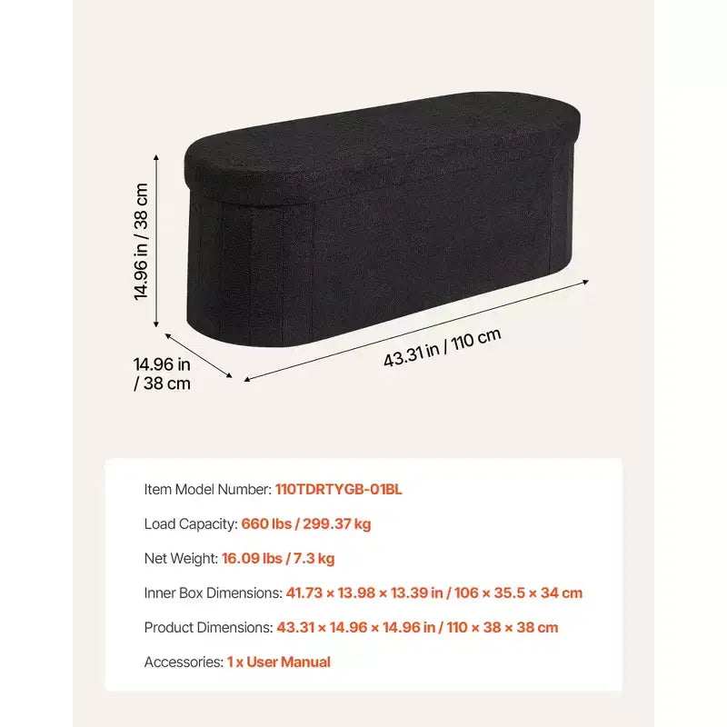 Panca pouf contenitore ovale, panca pieghevole in pile Teddy a fondo letto, pouf contenitore imbottito pieghevole con ampio spazio di archiviazione, 300 kg, nero