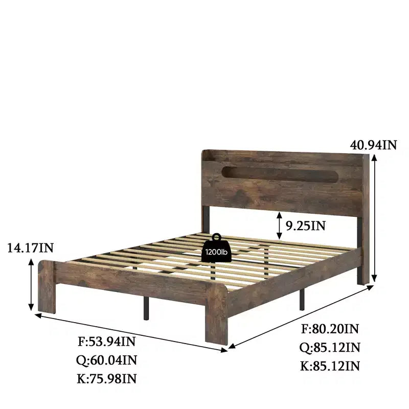 Base letto a piattaforma Full/Queen/King size con testiera a LED e 2 USB, letto a piattaforma in legno con contenitore