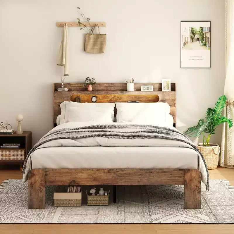 Base letto a piattaforma Full/Queen/King size con testiera a LED e 2 USB, letto a piattaforma in legno con contenitore