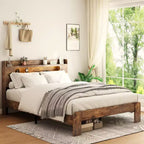 Base letto a piattaforma Full/Queen/King size con testiera a LED e 2 USB, letto a piattaforma in legno con contenitore