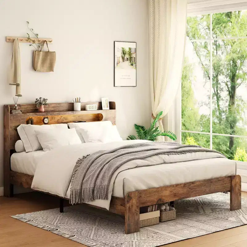Base letto a piattaforma Full/Queen/King size con testiera a LED e 2 USB, letto a piattaforma in legno con contenitore