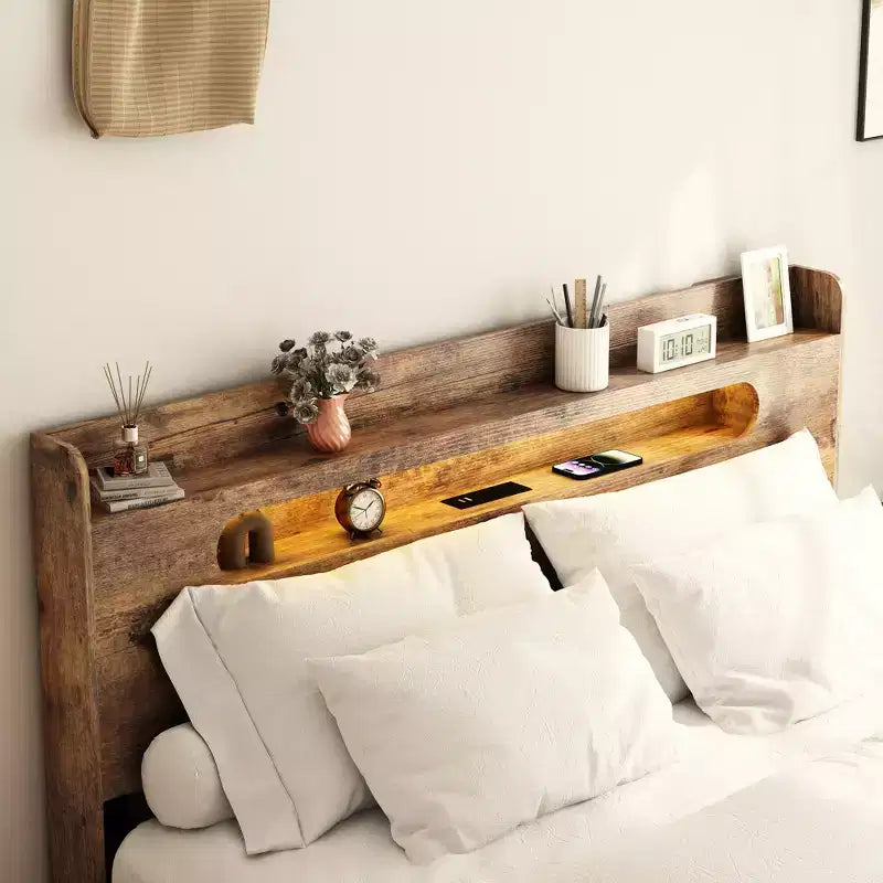 Base letto a piattaforma Full/Queen/King size con testiera a LED e 2 USB, letto a piattaforma in legno con contenitore