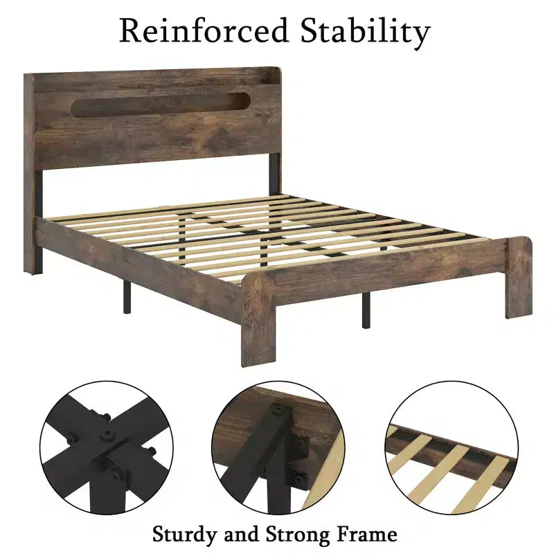Base letto a piattaforma Full/Queen/King size con testiera a LED e 2 USB, letto a piattaforma in legno con contenitore