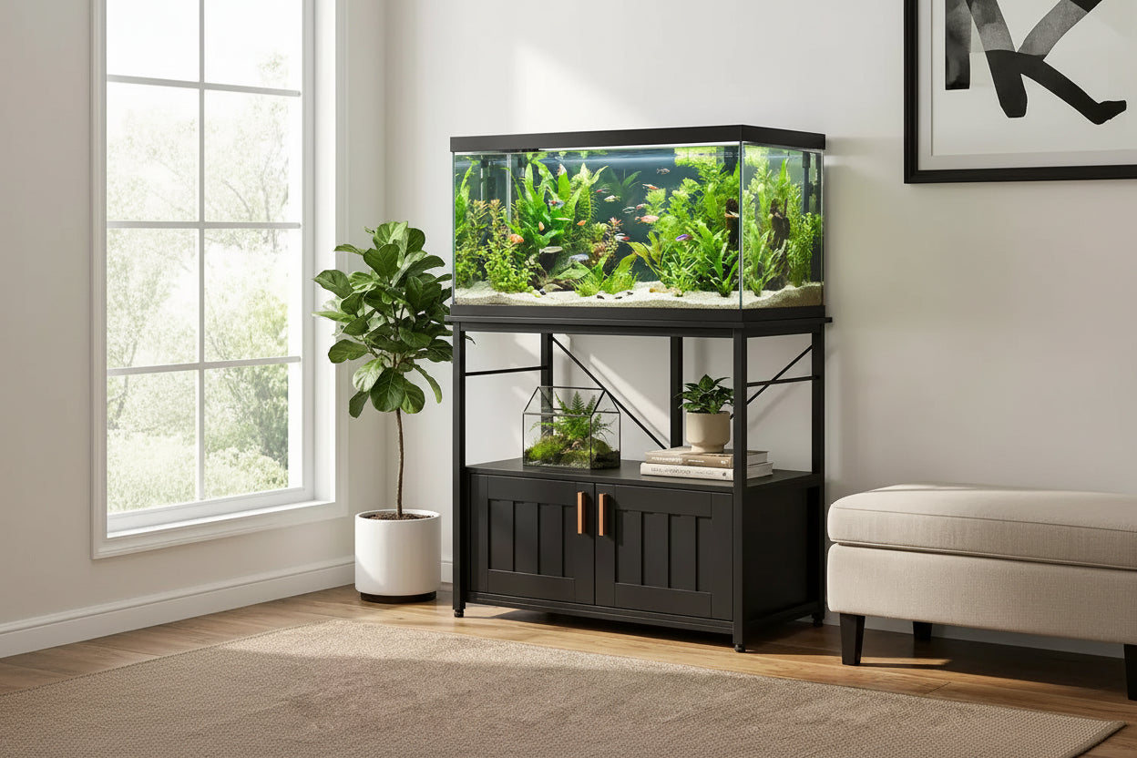 Heavy Duty Aquarium Stand for 40-50 Gallon Tank  Metal & Wood Cabinet, Holds 660lbs, Storage for Fish Accessories, Stylish Organizer for Home