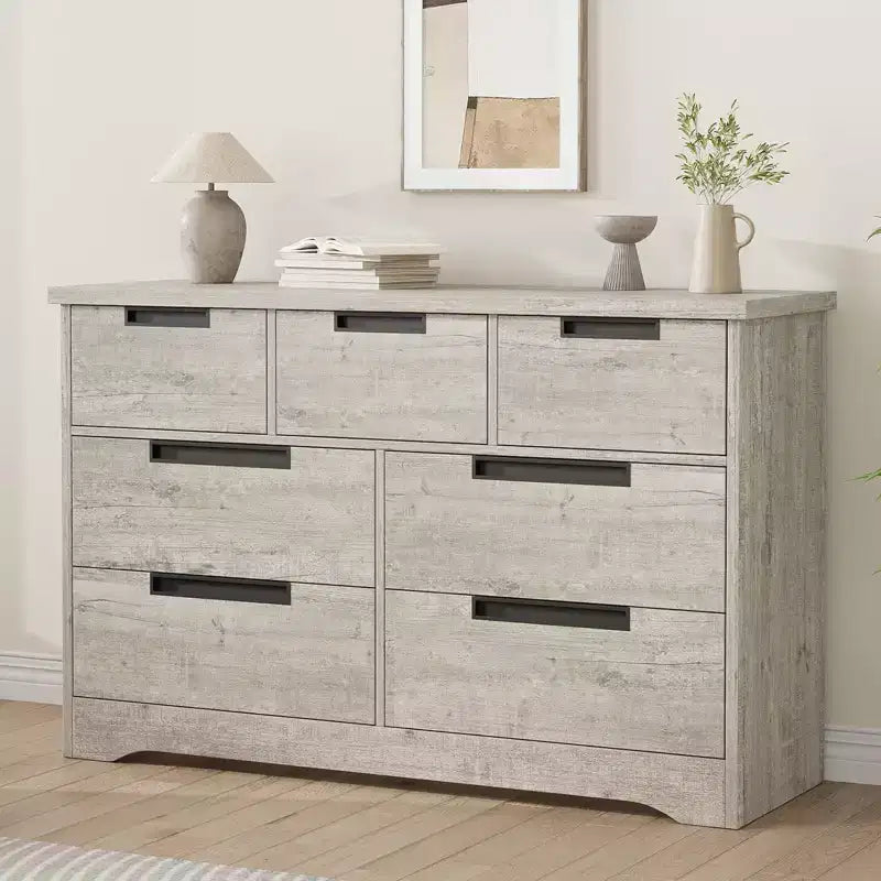 Cassettiera a 7 cassetti, larghezza 118,9 cm, in rovere naturale con maniglie a incasso