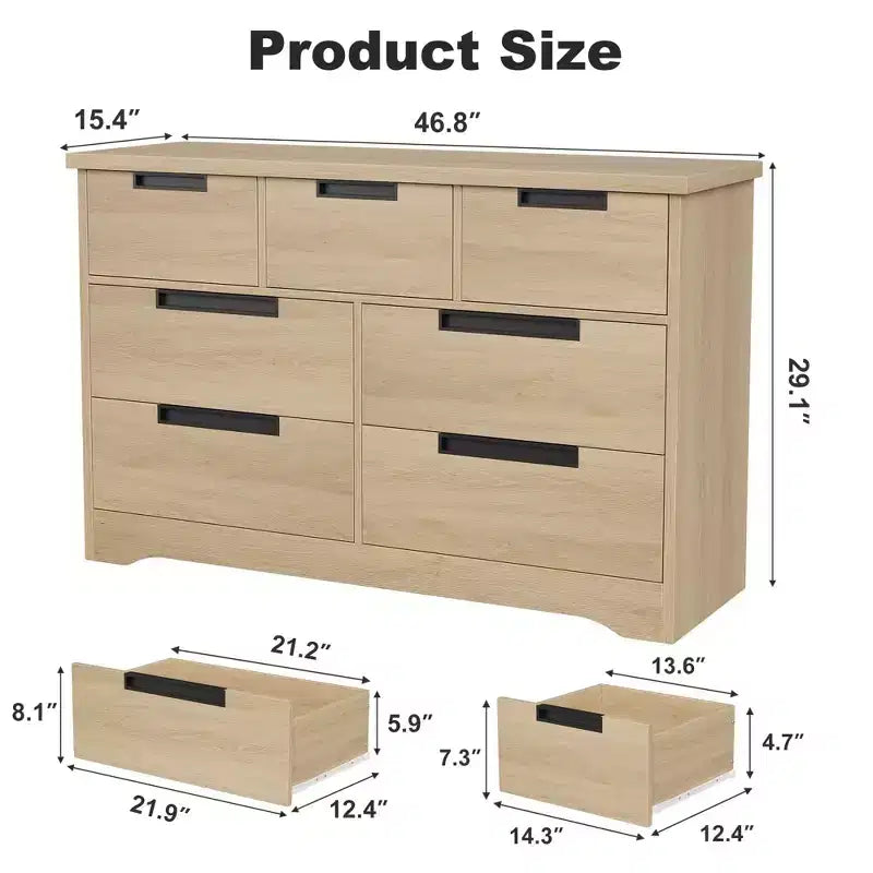 Cassettiera a 7 cassetti, larghezza 118,9 cm, in rovere naturale con maniglie a incasso