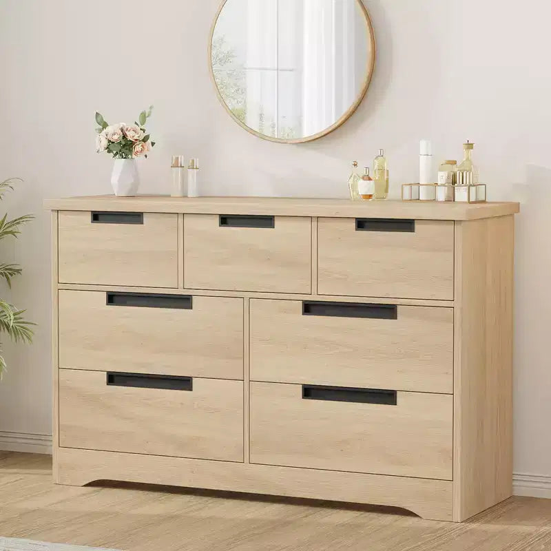 Cassettiera a 7 cassetti, larghezza 118,9 cm, in rovere naturale con maniglie a incasso