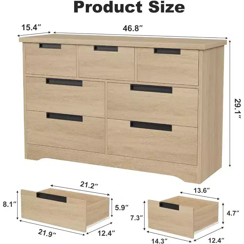 Cassettiera a 7 cassetti, larghezza 118,9 cm, in rovere naturale con maniglie a incasso