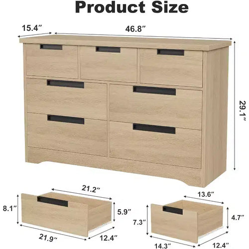 Cassettiera a 7 cassetti, larghezza 118,9 cm, in rovere naturale con maniglie a incasso