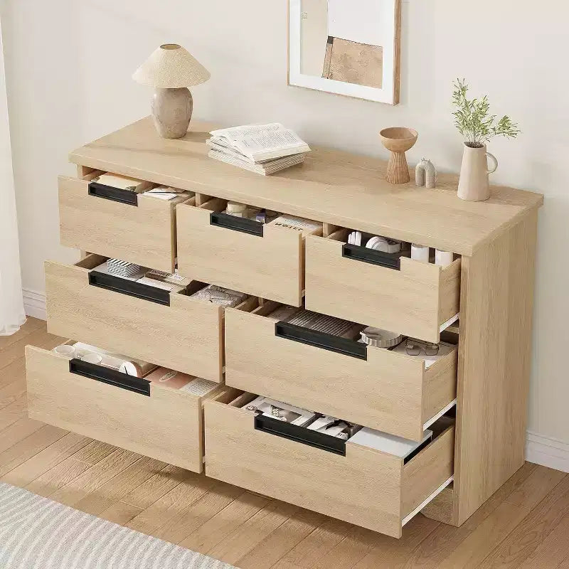 Cassettiera a 7 cassetti, larghezza 118,9 cm, in rovere naturale con maniglie a incasso