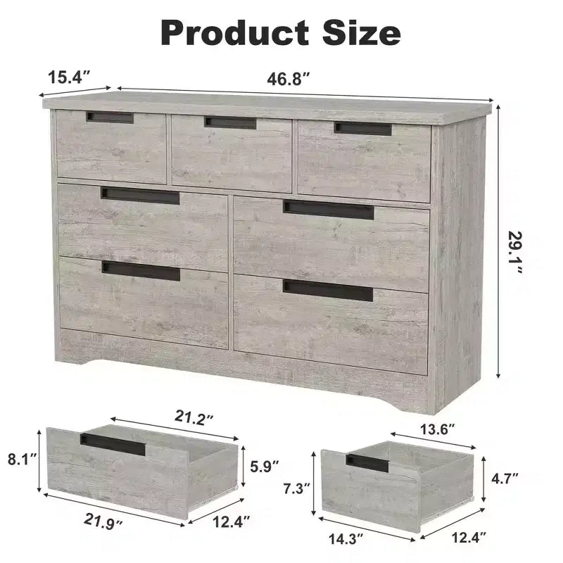 Cassettiera a 7 cassetti, larghezza 118,9 cm, in rovere naturale con maniglie a incasso