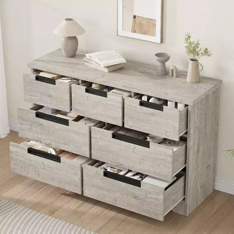 Cassettiera a 7 cassetti, larghezza 118,9 cm, in rovere naturale con maniglie a incasso
