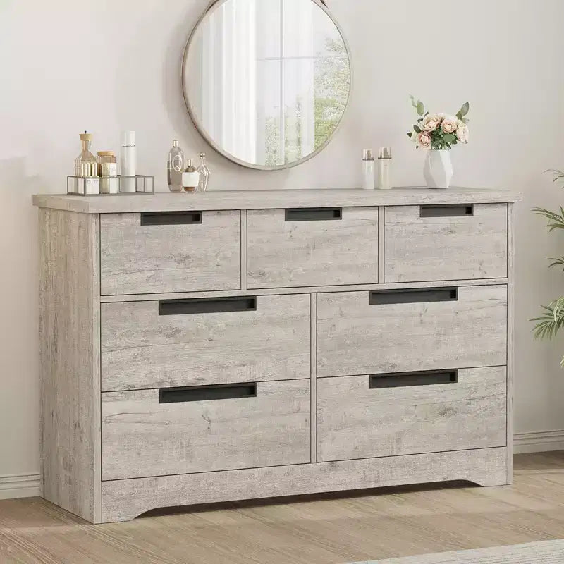 Cassettiera a 7 cassetti, larghezza 118,9 cm, in rovere naturale con maniglie a incasso