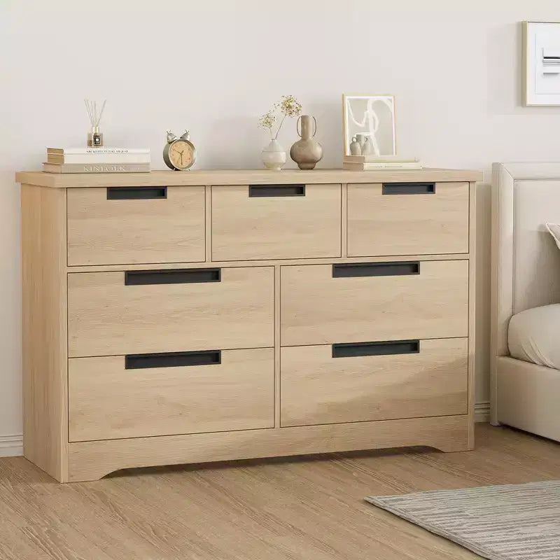 Cassettiera a 7 cassetti, larghezza 118,9 cm, in rovere naturale con maniglie a incasso