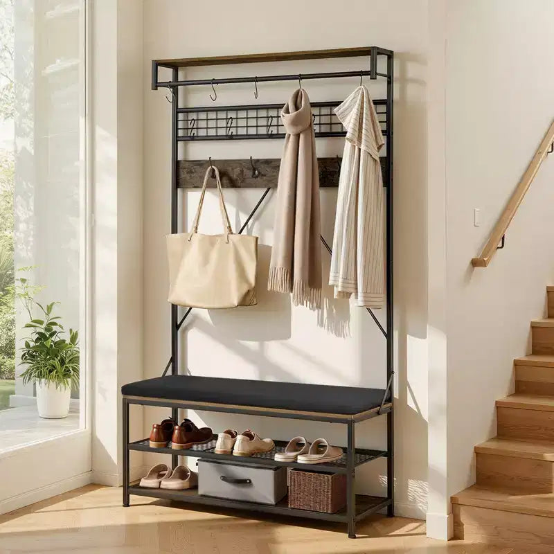 Appendiabiti da ingresso, attaccapanni da 183 cm con panca portascarpe, scarpiera a 2 ripiani autoportante con ganci, asta appendiabiti e ripiano in filo metallico, marrone e nero